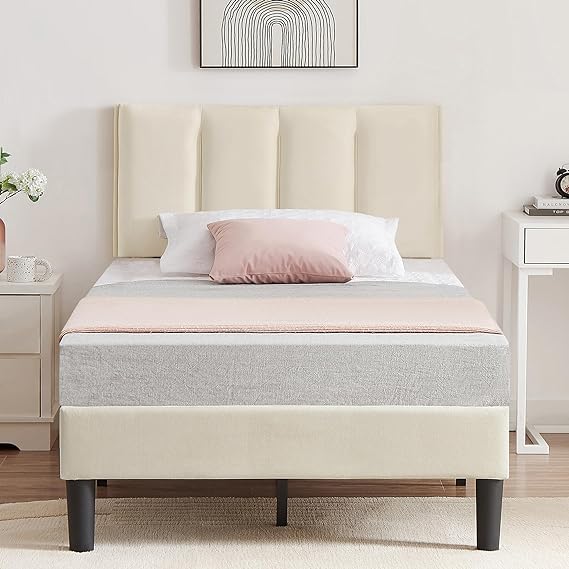 VECELO Twin Bed Frames, Upholstered Platform Bedframe, Adjustable Headboard, Wood Slat Support, No Box Spring Needed, Easy Assembly, Beige