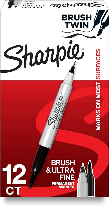 SHARPIE Brush Twin Permanent Marker, Brush Tip Marker and Ultra Fine Tip Marker, Black, 12 Count