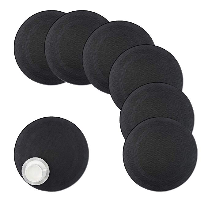 pigchcy Round Placemat,Heat Resistant Vinyl Cross-Weave Placemats for Round Table Washable Table Mats Sets(6pcs,Black)
