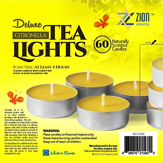 Zion Judaica Citronella Lemon Scented Quality Tealight Candles Set of 60 - Bright Yellow Insect Repellent