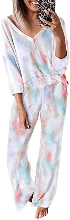 Dokotoo Womens Tie Dye Print Pajamas Set Long Sleeve Tops and Pants Pocketed Pjs Joggers Sleepwear Loungewear