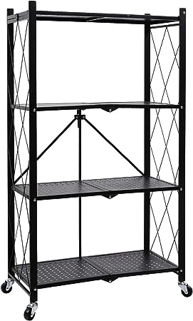 Miibox 4-Tier Heavy Duty Foldable Metal Rack Storage Shelving Unit with Wheels Moving Easily Organizer Shelves Great for Garage Kitchen Holds up to 1000 lbs Capacity, Black