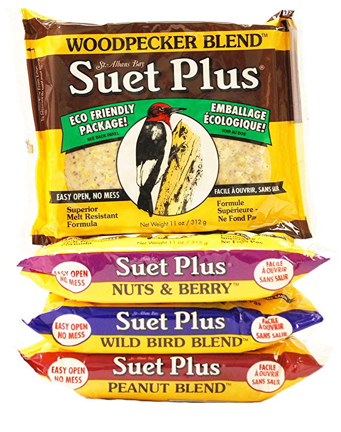 ST. ALBANS BAY SUET PLUS Variety Pack of 4 Flavors of Suet Cakes for Wild Birds 11 Ounces Each