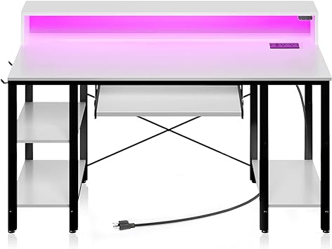 Rolanstar Computer Desk 47 inch with LED Lights & Power Outlets, Gaming Desk with Storage Shelves, Home Office Desk with Keyboard Tray, Writing Desk with Monitor Stand, Study Desk, White