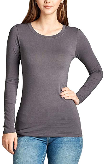 ToBeInStyle Women's Basic Long Sleeve Contrast Neck Binding Crew Neck Tee