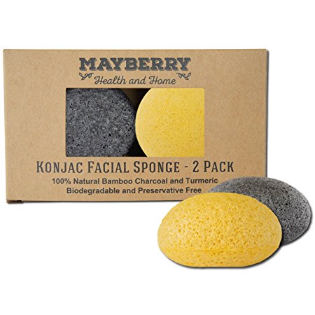 Konjac Face Sponge with Bamboo Charcoal and Turmeric - 2 Pack - 100% Natural Konjac Sponge for Improving Skin's Look and Feel - Sponges Each Come with an Attached String