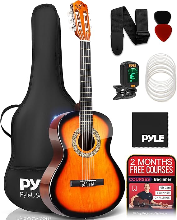 Beginner 36” Classical Acoustic Guitar - 3/4 Junior Size 6 String Linden Wood Guitar w/Gig Bag, Tuner, Nylon Strings, Picks, Strap, For Beginners, Adults - Pyle PGACLS82SUN (Sun Burst)