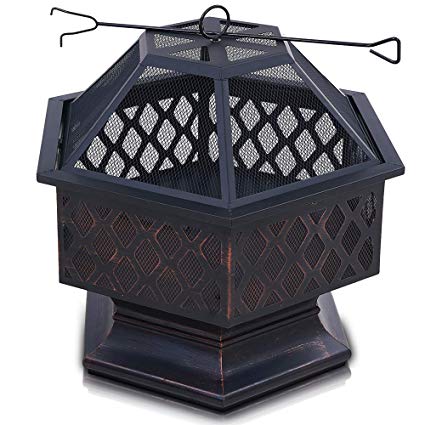 LIVIVO Hexagonal Fire Pit - Outdoor Oil Rubbed Bronze Fire Pit With BBQ Grill, Metal Poker Iron, Mesh Spark Guard Screen & Waterproof Storage Cover