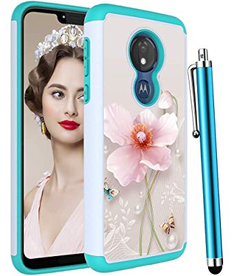 Voanice for Moto G7 Power Case,Moto G7 Supra Case,Shockproof Heavy Duty Hybrid Dual Layer Hard PC & TPU Armor Women Girls Protective Rugged Phone Case Cover for Motorola Moto G7 Power-Teal Pink Flower