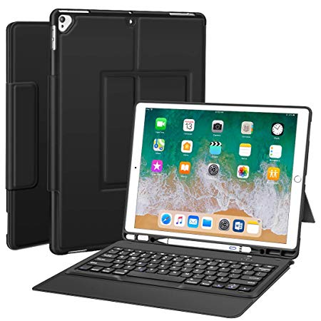 Sounwill ipad pro 12.9 Case with Keyboard Compatible for ipad 2015/2017(ipad pro 2th Gen), Ultra-Thin PU Leather Silicon Rugged Shock Keyboard Stand Case Auto Sleep/Wake Cover with Pencil Holder-Black