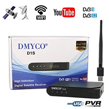 DMYCO DVB-S2 FTA Satellite Receiver TV Tuner, Mpeg-4 Decoder Digital Sat receiver, Work with LNB Satellite Dish, Support Free Channel PVR Ready PowerVu DRE & Biss key including an USB Wifi Antenna