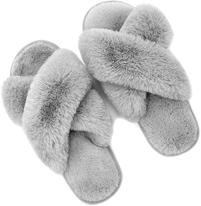 Metog Women's Slippers Fuzzy Cross Band Slippers Soft Plush House Slippers on Open Toe Cozy Indoor Outdoor Slippers