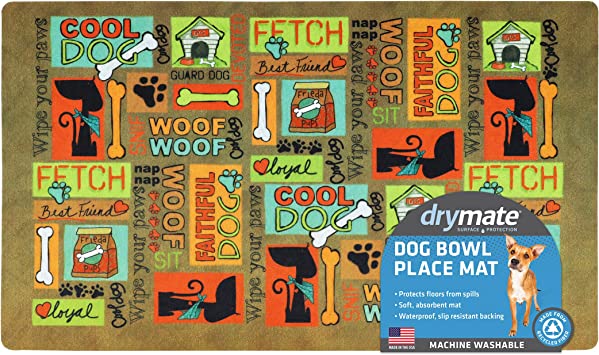 Drymate Dog Bowl Placemat, Pet Food Feeding Mat - Absorbent Fabric, Waterproof Backing, Slip-Resistant - Machine Washable/Durable (USA Made)