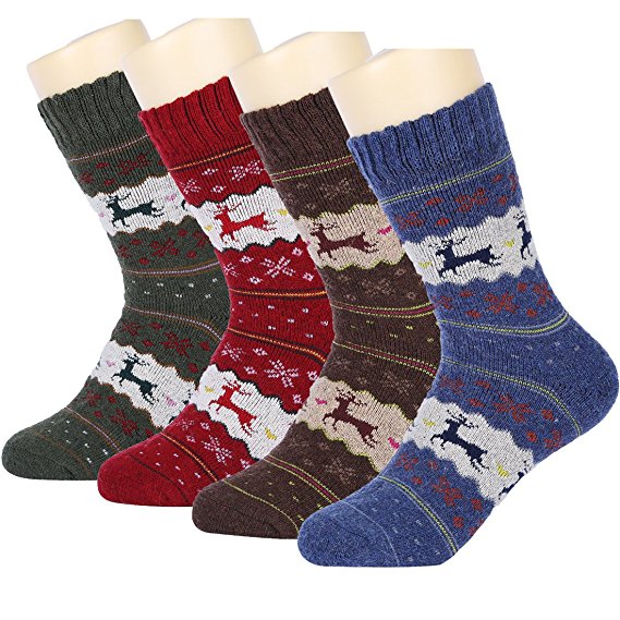 HSELL Women Wool Socks Christmas Deer Pattern Winter Warm Fuzzy Socks 4 Packs