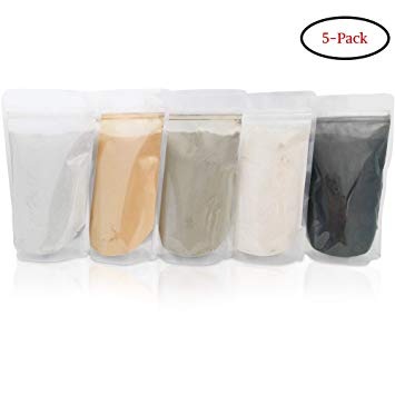 Bentonite (Indian Healing), Moroccan (Red), French (Green), Kaolin (White), Activated Charcoal/Bentonite Clay Powders - 5 multi pak/set for making mud masks for skin, hair, face/facial and body