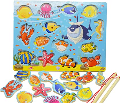 KUNEN 14pcs Fishes Educational Development Wooden Magnetic Fishing Table Jigsaw Game Board Toys for Children Toddler