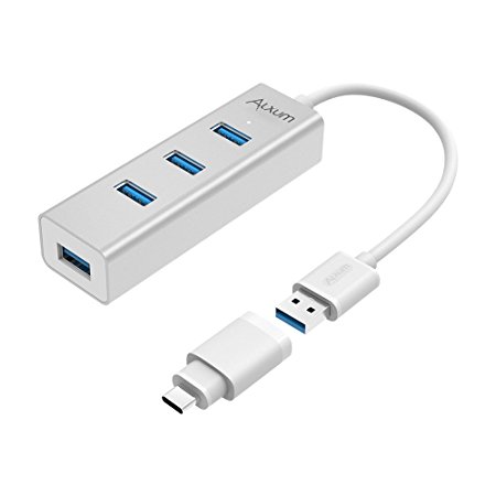 Alxum Premium 4 Ports Unibody Aluminum USB 3.0 Data Hub with Type C Adapter Converter, 1ft Cable for MacBook, iMac, MacBook Pro Air, Mac Mini, Surface Pro Book, Lenovo Yoga and any PC (Silver)