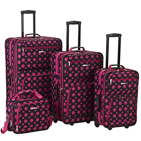 Rockland Fashion Softside Upright Luggage Set, Black/Pink Dot