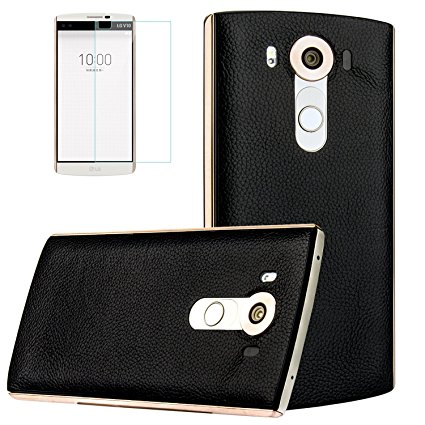 LG V10 Case, LG V10 Genuine leather Back Case, LG V10 Glass Screen Protector, Aomax? Qi Wireless Charging Receiver IC Chip With NFC (Qi Genuine leather Black)