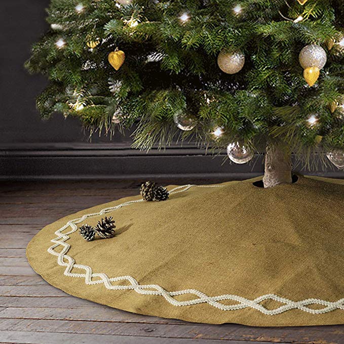 Ivenf Christmas Tree Skirt, 48 inches Large Natural Burlap Jute Plain with Hand-Sewn White Lace Decor, Rustic Xmas Tree Holiday Decorations