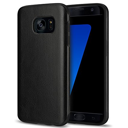 Galaxy S7 Case, Tendlin Premium Leather Back Flexible TPU Silicone Hybrid Soft Slim Cover Case for Samsung Galaxy S7 (Black Leather)