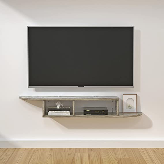 Morden Floating TV Stand Curved Wood Wall Mounted Media Console TV Shelf (Grey)