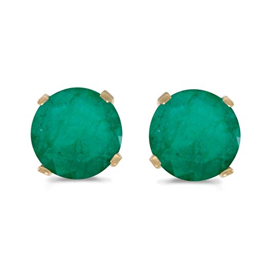 5 mm Natural Round Emerald Stud Earrings Set in 14k Yellow Gold