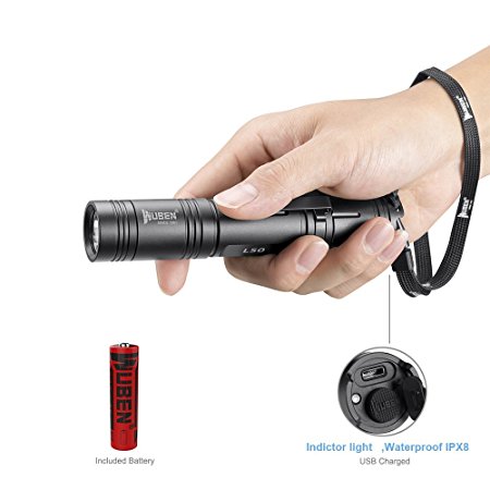 LED Tactical Flashlight Outdoor Waterproof IPX8 USB Rechargeable Handheld Light WUBEN Super Bright 1200 Lumens Pocket Torches ,5 Modes, Camping Flashlights,With 18650 Battery