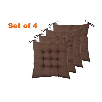 ELFJOY Set of 4 Solid Square 16” x 16” Tufted Chair Pads Indoor Seat Cushions Pillows with Ties (Coffee)