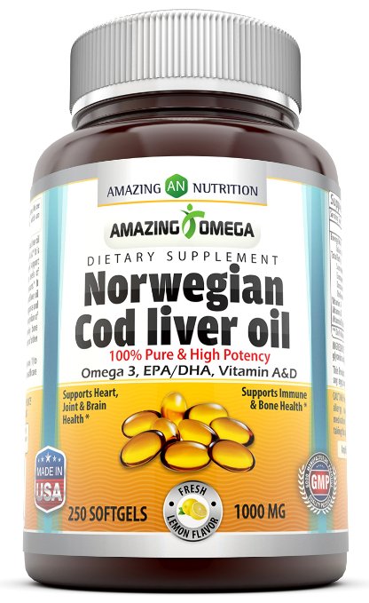 Amazing Nutrition Norwegian Cod Liver Oil, 1000 Mg 250 Softgels Fresh Lemon Flavor