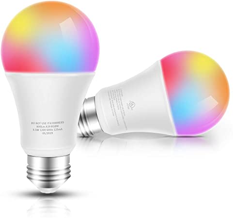 Smart LED Bulb WiFi E26 Dimmable Multicolor Light Bulb Compatible with Alexa, Echo, Google Home and IFTTT No Hub Required, A19 60W Equivalent RGBW Color Changing Bulb (9.5W), UL Listed (2 Pack)