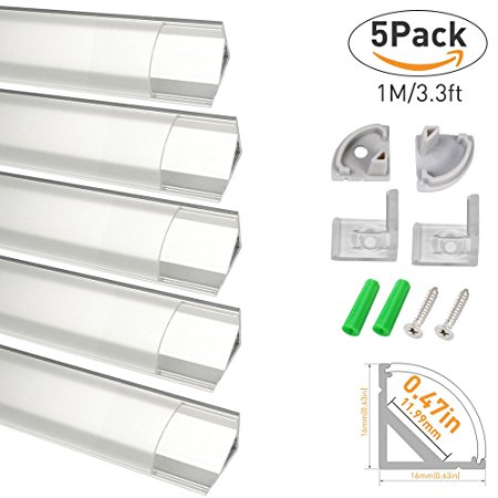 Lightingwill Clear LED Aluminum Channel V Shape Corner Mounted 3.3Ft/1M 5 Pack Sliver Extrusion for &lt;12mm 5050 3528 LED Flex/Hard Strip Lights with Covers, End Caps, and Mounting Clips TP-V02S5