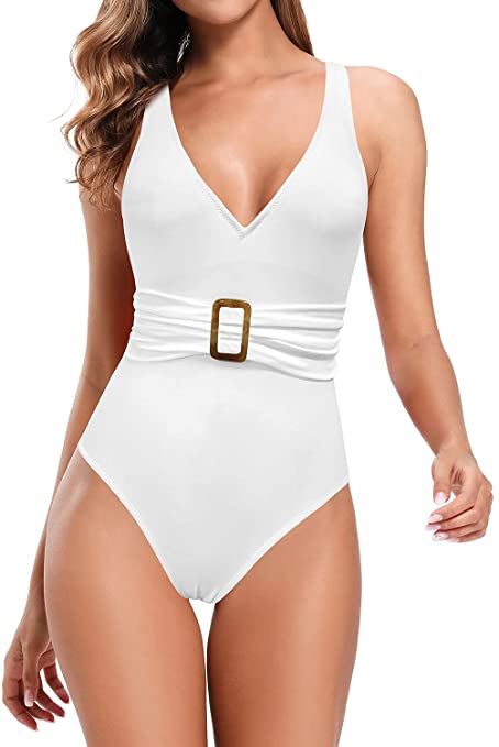 SHEKINI Women's One Piece Swimsuit Tummy Control V Neck Bathing Suits