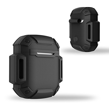 Shock Resistant Case Waterproof Protective Silicone Cover Running Design with Hard Sleeve and Keychain for Charging Apple AirPods(Black)