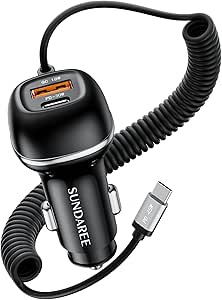 SUNDAREE 96W Three Port USB C Car Charger PD 45W PPS33W & QC3.0 18W w/6ft Type C Coiled Cable Car Cigarette Lighter Adapter Compatible with iPhone 16/15/14/13 Smartphones S23/S22/S21 Android ipad