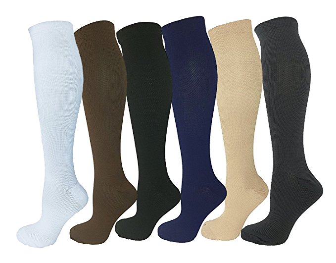6 Pack Knee High Graduated Compression Socks For Women and Men - Best Medical, Nursing, Travel & Flight Socks - Running & Fitness - 15-20mmHg