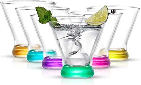 JoyJolt HUE Martini Glasses (7oz) Cocktail Glassware Set of 6, Colored Glass Base. Drinking Glasses, Cocktail Glasses, Stemless Margarita Glasses, Bar Glasses, Shrimp Cocktail Glasses, Juice Glasses