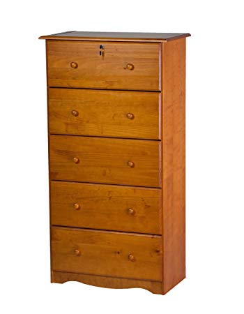 100% Solid Wood 5-Super Jumbo Drawer Chest with Lock by Palace Imports, Honey Pine Color, 32”w x 60”h x 17”d, Lock and Key Included. Metal Antique Brass Knobs Sold Separately. Requires Assembly