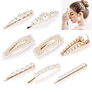 Pearl Hair Clips for Women Girls, Funtopia 8pcs Fashion Sweet Artificial Pearl Alligator Clips Barrettes Bobby Pins Snap Clips Decorative Hair Accessories for Party Wedding Daily, Applies to Bun Updo