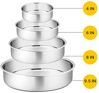 Cake Pan Set - 4”, 6”, 8”, 9.5”, P&P CHEF 4 Piece Round Baking Cake Pans Tin Stainless Steel, Oven/Pot/Dishwasher Safe, Heavy Duty & Non Toxic, Mirror Finish & Easy Clean
