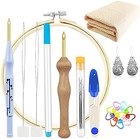29 Pcs Punch Needle Embroidery Kits for Beginner, Adjustable Rug Yarn Punch Needle, Wooden Handle Embroidery Pen Embroidery Hoops Threaders Punch Needle Cloth Monks Cloth for DIY Sewing Embroidery