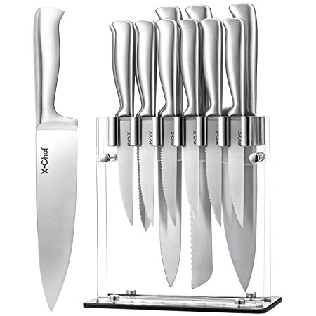 12-Piece Block Culinary Knife Set, X-Chef Collection One-Piece Seamless Hollow Handle Chef Knife Set 11 Knives with Acrylic Stand Mother's Day Gift