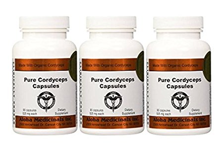 Organic Pure Cordyceps by Aloha Medicinals - Super Potent Non GMO Cordyceps Medicinal Mushrooms - 3 Bottles of 90 Capsules