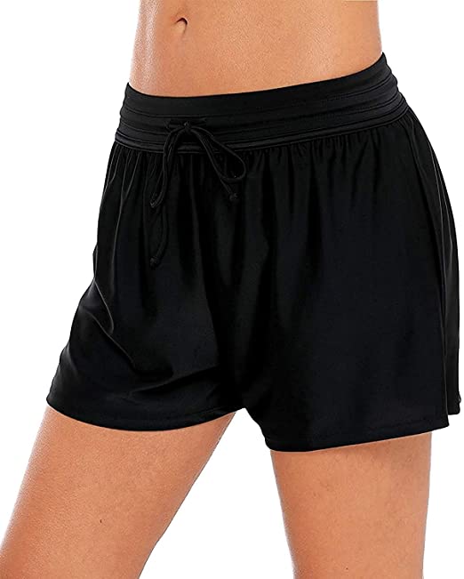 ATTRACO Womens Board Shorts Swim Shorts with Brief Swimsuits Black Drawstring