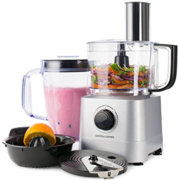 Andrew James Food Processor In Silver, 700 Watts, 7 Attachments, 1.4L Processor Bowl, 1.8L Blender Jug