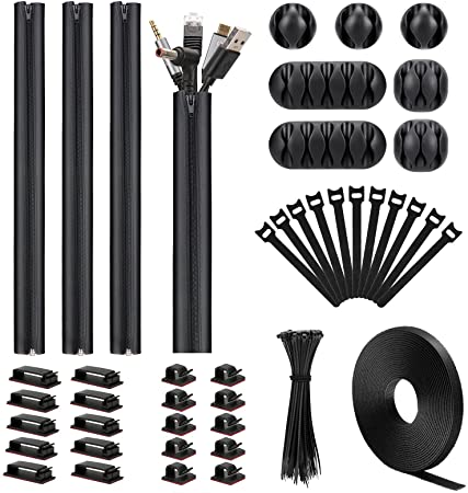 142pcs Cable Management Cord Organizer Kit, Include Self Adhesive Cable Organizer Clips, Cable Sleeves Cord Management Clips, Adjustable Cord Ties Desk Cord Organizer for TV PC Computer Home Office