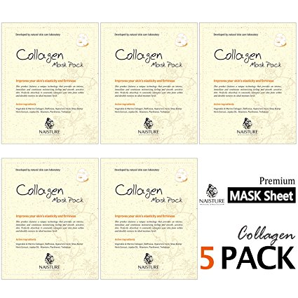 Facial Sheet Mask [NAISTURE] Face Treatment (5 Pack) Pure 100% Cotton, Smooth & Moisturizing Improves your Skin's Elasticity and Firmness, 22mL Made in Korea - Vegetable Collagen