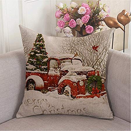 HL HLPPC Red Truck Tree Christmas Sofa Decoration Pillow Cover 18X18 Inches