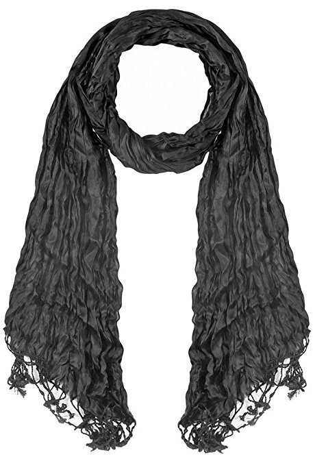 Yummy Shelf Crushed/Creased Lightweight Solid-Colored Scarf with Fringes