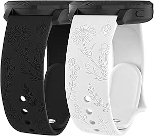 2 Pack Flower Engraved Bands Compatible with Garmin Venu 2 Plus/Venu Sq/Venu, Garmin Vivoactive 5 / Vivoactive 3, Soft Silicone Sport Replacement Strap for Garmin Vivomove Sport, Vivoactive 3 Music, Forerunner 645 / 245 Music Smart Watch